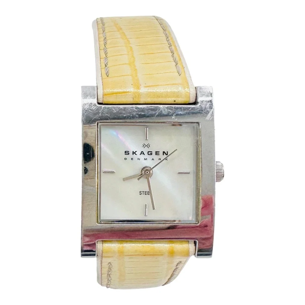 Skagen Denmark Tank Watch Womens Silver Mother of Pearl Yellow Croc Leather